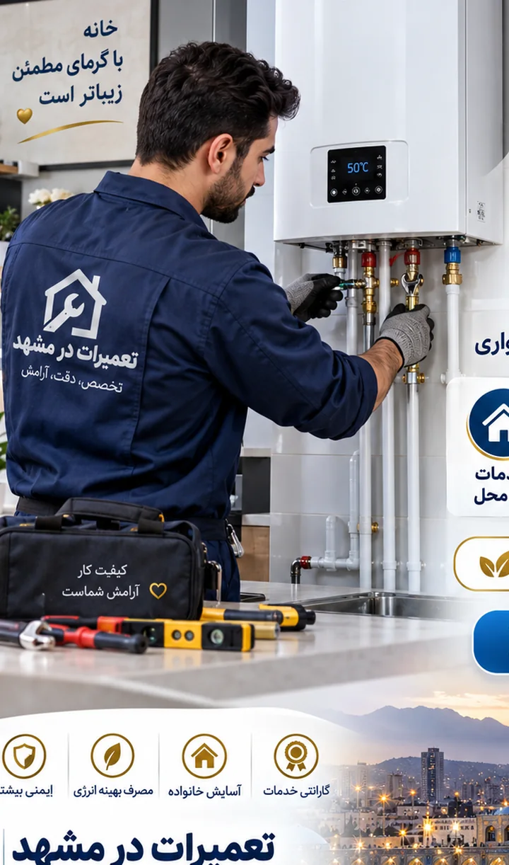 تصویر تبلیغاتی نصاب و تعمیرکار در کنار پکیج دیواری