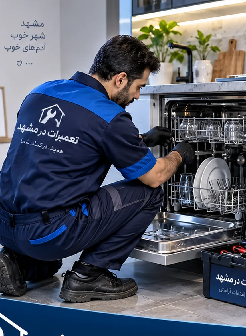 تصویر تبلیغاتی تعمیرکار در حال بررسی ماشین ظرفشویی در آشپزخانه