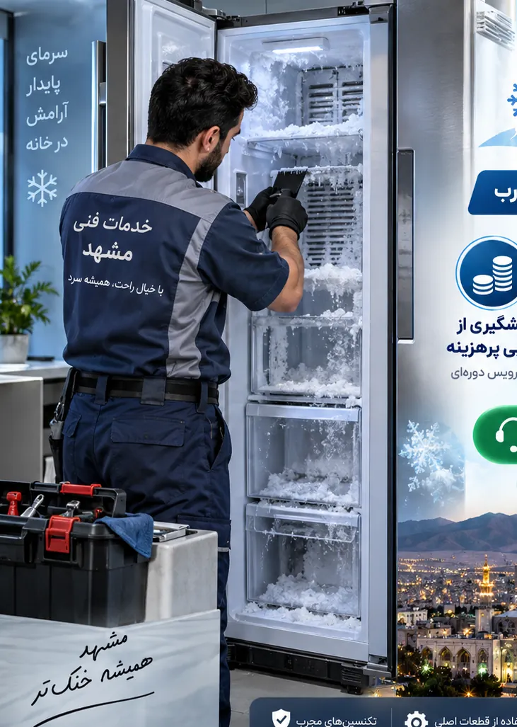 تصویر تکنسین در حال بررسی یخچال و سیستم برفکزدایی