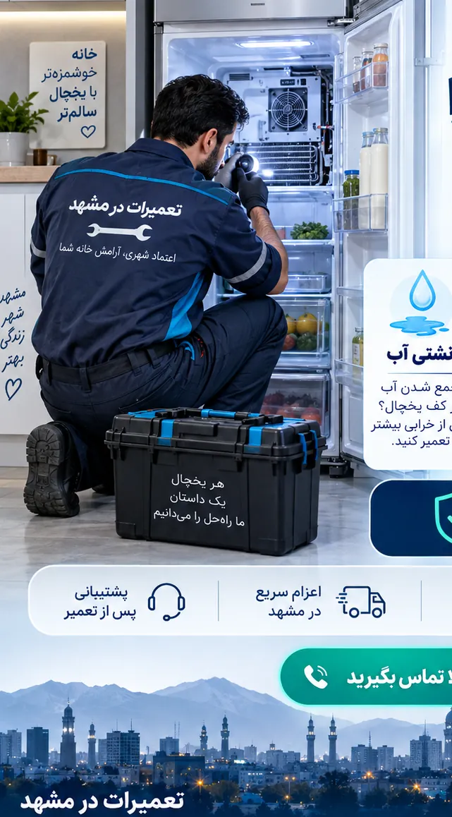 تکنسین مشغول بررسی یخچال برفکزده در یک تصویر تبلیغاتی
