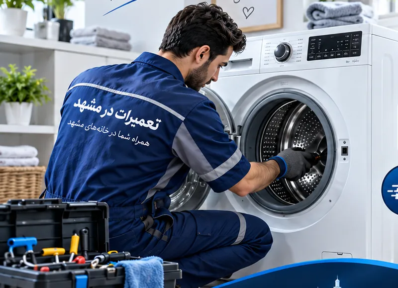 تصویر تبلیغاتی تعمیرکار ماشین لباسشویی در حال بررسی دستگاه در منزل